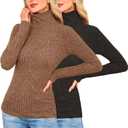 2 Pack Womens Long Sleeve Turtleneck Shirts Basic Fall Thermal Lightweight Pullover Tops Trendy Comfy Undershirts (Medium, Black, Coffee)