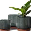 LE TAUCI Ceramic Plant Pots with Drainage Holes, Set of 3, 8+6.7+5.5 Inch Stripe Garden Planter Pots for Outdoor Indoor Plants Flower, Round Succulent Orchid Flower Pot, Reactive Glaze Black