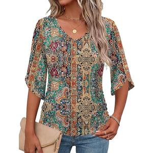 Micoson Womens 3/4 Sleeve Tops Dressy Casual Ruched Blouses Summer Tops V Neck Work Clothes