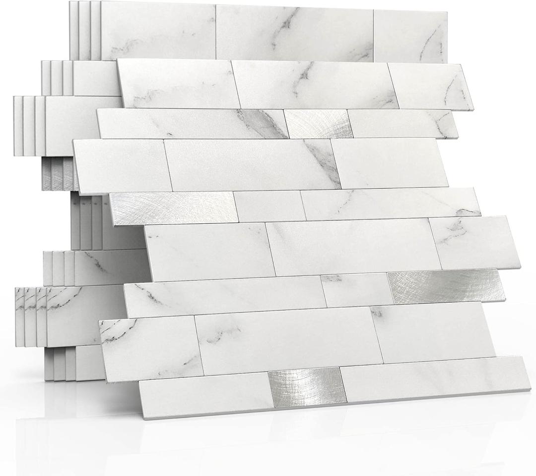 MOFIT Backsplash Tile for Kitchen Peel and Stick Stone Matte Finish,Bathroom Tiles Stickers 3D Wall Panel Linear Mosaic Marble Backsplash Waterproof(10sheets,White Silver)