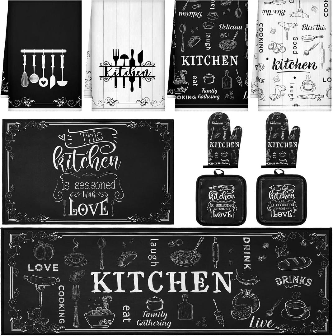 10 Pcs Farmhouse Kitchen Decor Sets 4 Kitchen Dish Towels 2 Vintage Pot Holders 2 Oven Mitts Glove 2 Rustic Non Slip Rugs and Mats for Floor Home Decorations Accessories Mom Gifts (Black and White)