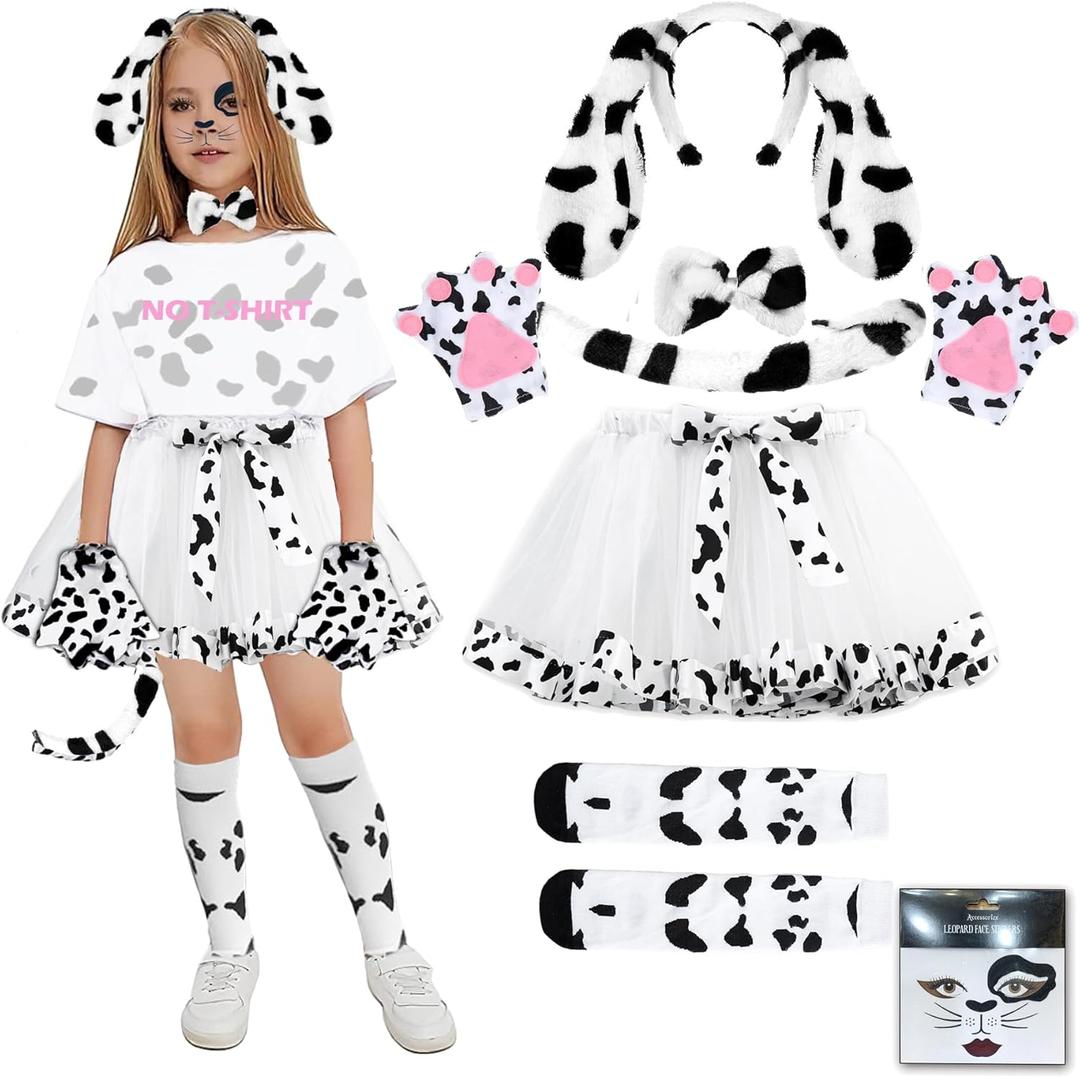 Dalmatian Costume Girls, 101 Days of School Dog Costume Set Kids Tutu Headband Accessories Halloween Animal Party (5-6 Years Old) White