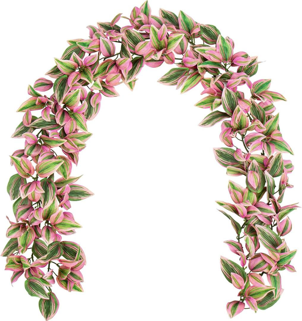 Hollyone 2Pcs 5.6FT Artificial Leaf Garland Hanging Plant Faux Tradescantia Zebrina Garland Plants Fake Vines Leaves Greenery Garland for Boho Wedding Party Front Door Wall Stair Home Decor Pink