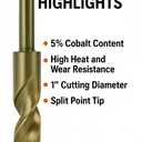 1-Inch Cobalt Drill Bits - Brocas para Metal, Metal Drill Bits for Hardened Steel, M35 High-Speed Steel, 135° Split Point, 6-Inch Length, Reduced Shank, Ideal for Professionals & DIYers