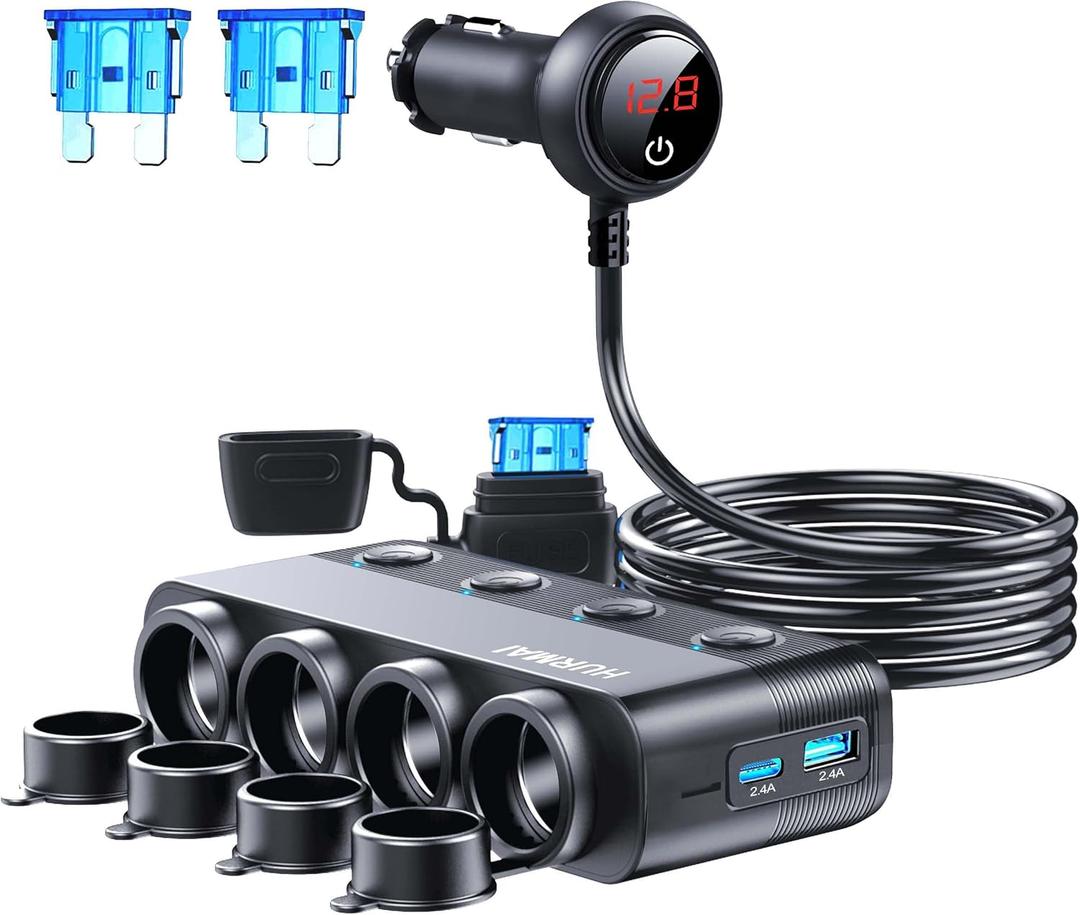 Cigarette Lighter Splitter 216W 4 Socket Car Cigarette Lighter Adapter Heavy Duty Truck Car USB Charger Multi Port USB C 12V/24V Independent Switches & Dust Cover & Waterproof for Car Devices