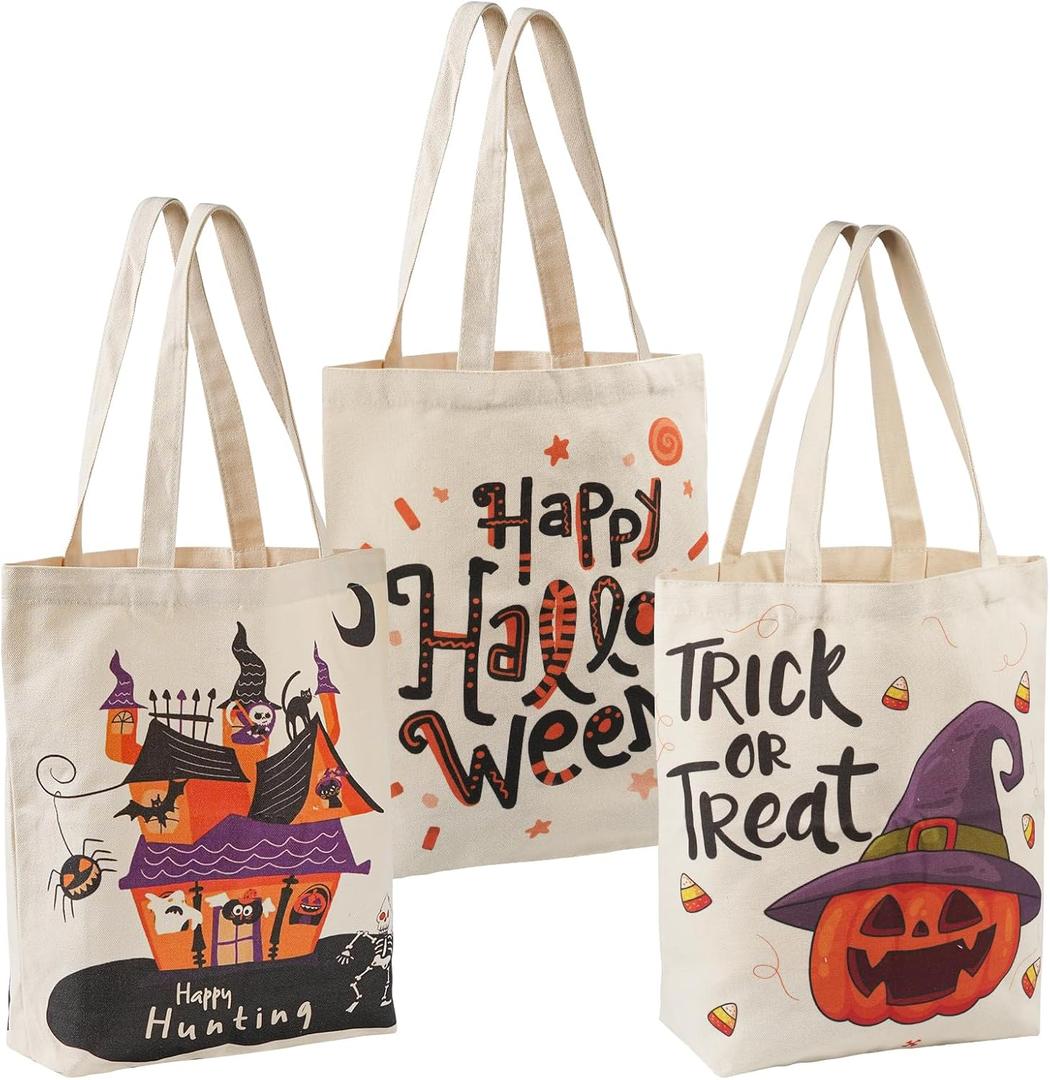 ATFUNSHOP 13.8" Large Halloween Tote Bag Trick or Treat Canvas Reusable Large Bucket for Kids Boo Pumpkin Ghost
