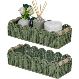 CubesLand Scalloped Decor Basket for Living Room, Home, Bathroom, 2SAME SIZE Paper Rope Basket, Toilet Storage Baskets for Over Toilet Storage Shelf, Cozy Woven Basket Both Storage & Decor, Green