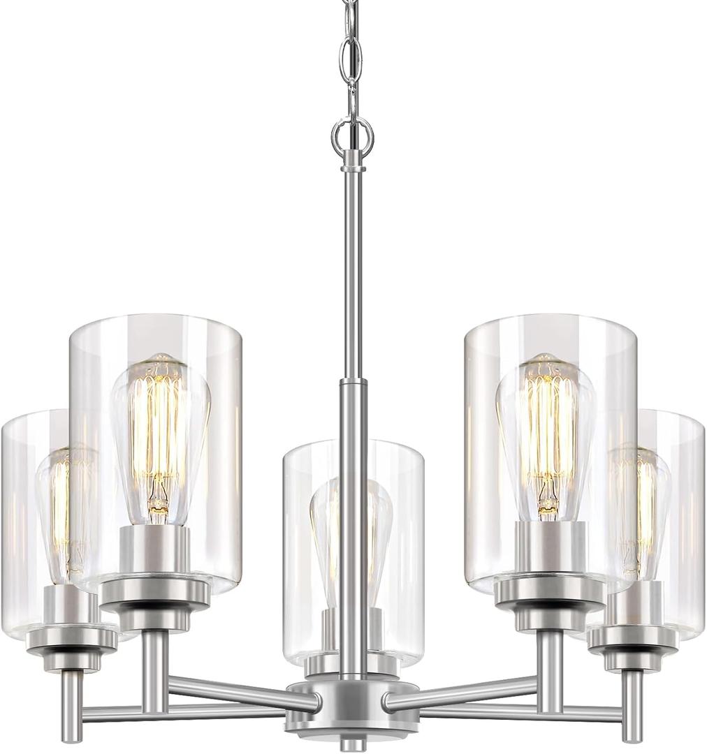19.8'' 5-Light Chandelier for Dining Room Kitchen Island, Modern Farmhouse Pendant Lighting with Glass Shades Industrial Brushed Nicke Hanging Ceiling Light Fixture for Living Room, Height Adjustable