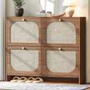 Shoe Storage Cabinet for Entryway, Freestanding Arched Rattan Accent Ultra Slim Shoe Cabinet with 2 Flip Drawers, Farmhouse Shoe Rack with 3-Tier Adjustable Shelves for Hallway Foyer Modern Rustic, 39.4 Inches X 35.5 Inches X 9.5 Inches
