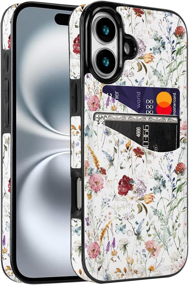 for iPhone 16 6.1 inch Case with Card Holder Soft Leather Wallet Case Protective Shockproof Hard Cover for Women Girls (Vintage Flower, iPhone 16 6.1 inch)