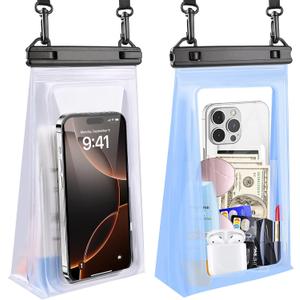 2 Pack Large Waterproof Phone Pouch, IPX8 Double Sealing Floating Waterproof Bag for iPhone 17 16 15 14 Pro Max Sumsang S25 S24 Google All Devices (White+Blue)