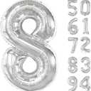 Silver 8 Balloon, Number Balloons 40 Inch, 8th Birthday Decorations for Boys Girls, Silver Birthday Balloons, Silver Party Supplies, Number 8 Balloon