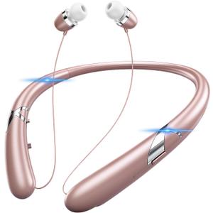Bluetooth 5.3 Neckband Bluetooth Headphones, Retractable Headphone with Fast Pairing & IPX5 Waterproof, Retractable Design for Travel and Daily Use (Pink)