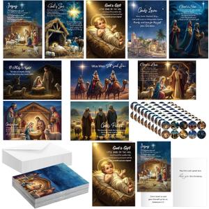 50 Pcs Christmas Story Themed Cards Bulk Assortment with Scripture Warm Blessings Inside God's Love Hope Nativity Christian Greeting Cards with Envelopes Stickers