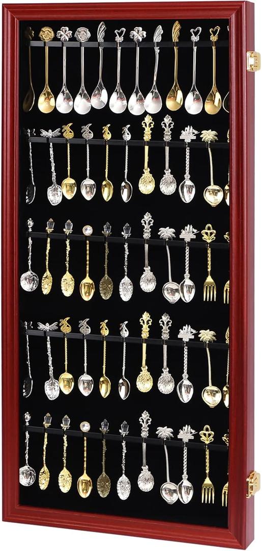 60 Souvenir Tea Spoon Display Case Collection Collector Rack Wall Mount Wooden w/98% UV Acrylic Door Lockable(60 Spoons-Cherry)