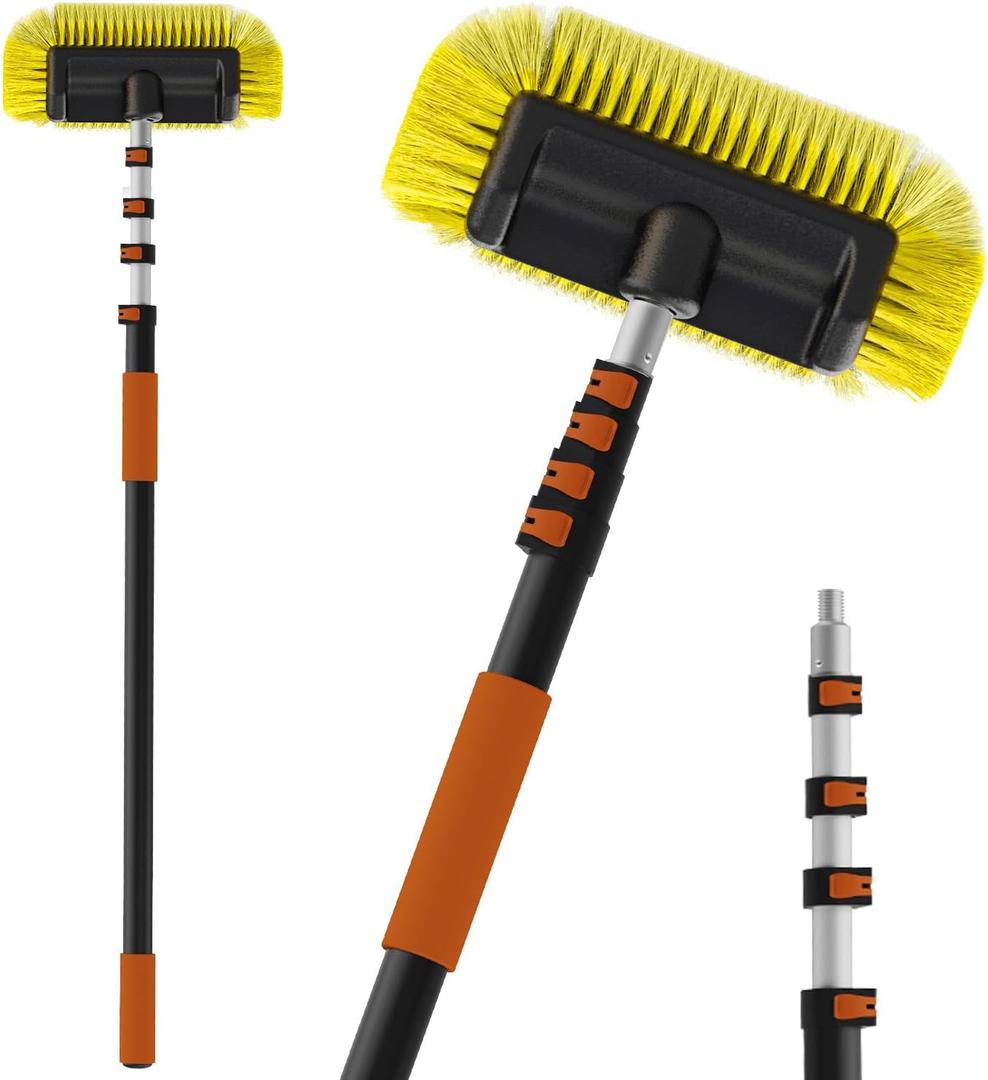 Buyplus 20FT Reach Car Wash Brush with Long Handle, 12-Inch Soft Bristle Head, Truck Wash Brush with 3-12FT Telescoping Pole, Car Washing Brush for Cleaning Car, SUV, RV, Boats, Solar Panels Yellow