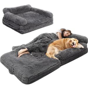 72" Foldable Human Dog Bed for Adults, Fluffy Faux Fur with Blanket, Orthopedic Washable Dog Bed with Memory Foam and Water Repellent Liner Extra Large Thick for Pet (Adult Size (72*44*12 inch), Grey)