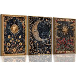 Moonlit Celestial Framed Canvas Wall Art 16x24 inch, 16"x24" Natural