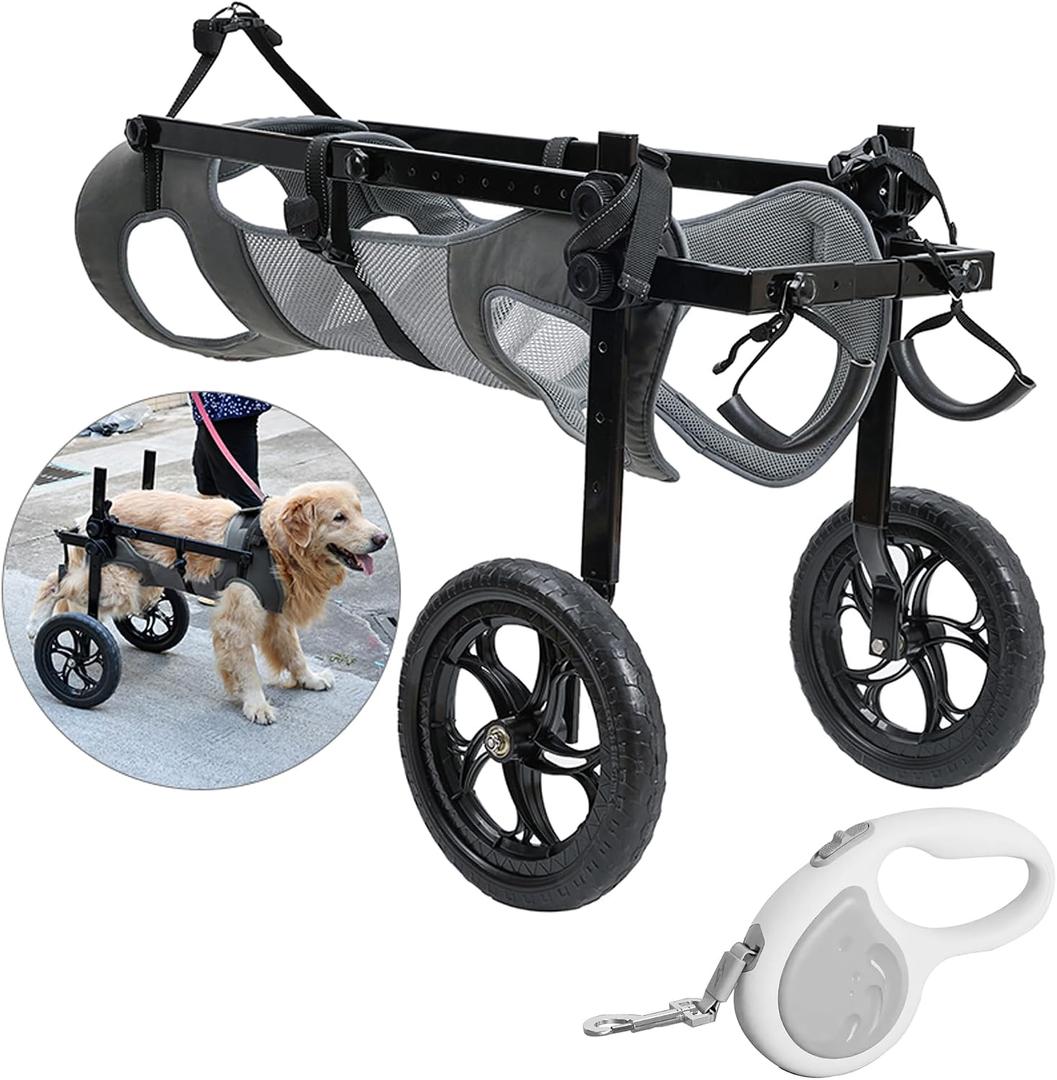 Large Dog Wheelchair for Back Legs with Pet Traction Rope - Adjustable Hind Leg Support Cart with Breathable Air Mesh Harness, All-Terrain Wheels & Foldable Frame - Mobility Aid for Disabled/Injured