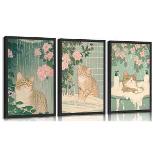 3Pcs Cute Funny Japanese bathroom Cat Canvas Wall Art plant flower Tabby Cat Posters Prints paintings Vintage Japan Toilet Wall Decor Pictures for Bathroom Toilet Home Decoration Unframed