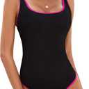 BMJL Women's One Piece Swimsuit Sports Adjustable Strap Bathing Suit Color Block Ribbed High Cut Swimsuits (Medium, Black/Pink)