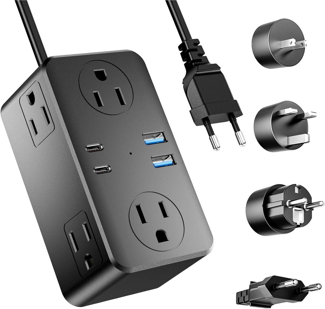 European Travel Plug Adapter, EU/UK/US Travel Plug Adapter Power Strip, 6 AC Outlets, 4 USB Ports (2 USB C), 3ft Wrapped Around Extension Cord, Compact for Travel, Black