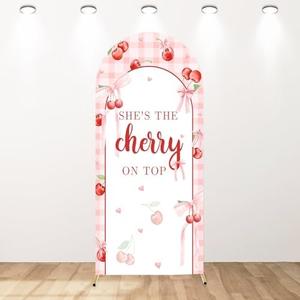 AIBIIN 6ft Cherry Coquette Arch Backdrop Cover for Girls, Pink Bow She's The Cherry on Top Baby Shower Arch Covers, 2-Sided Round Top Chiara Cherry Theme Coquette Arch Decorations for Bridal Shower