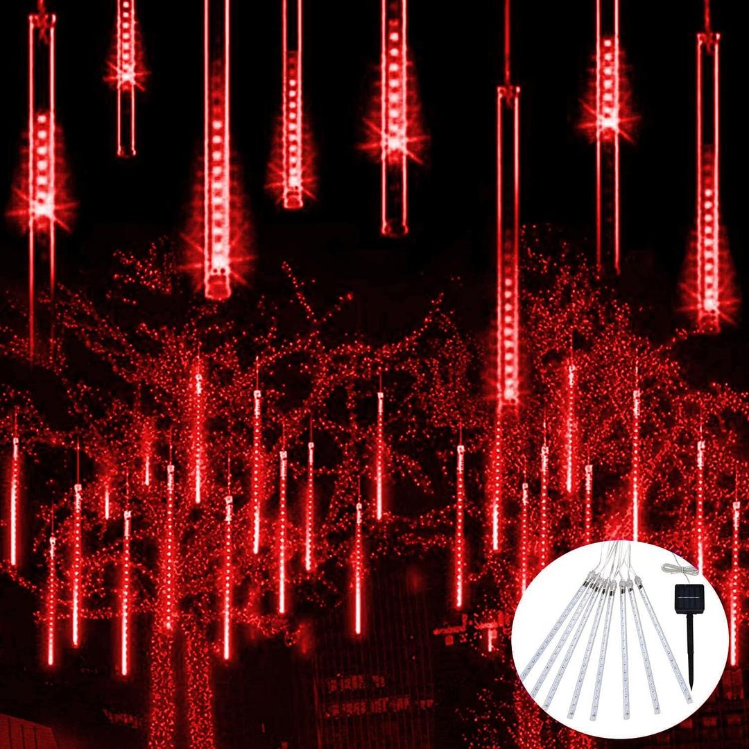 JMEXSUSS Red Solar Christmas Lights Outdoor, 8 Tube 144 LEDs Solar Meteor Shower Rain Lights, Red Twinkle Light for Tree Eaves Fence Christmas Decorations