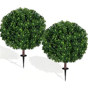27.5" Artificial Boxwood Topiary Ball Tree, Set of 2 Fake Bushes Shrubs with Ground Spike, UV Resistant Faux Evergreen Boxwood Trees for Front Porch Planters Outdoor Garden Decor