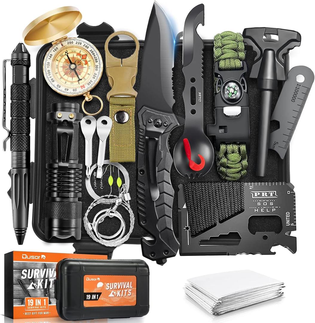 Dusor 19 in 1 Survival Kit Gifts for Men, Valentines Day Gifts for Him Boyfriend, Hunting Gift for Dad Husband, Fishing Gear and Equipment, Camping Essentials, Gift for Men Who Have Everything (Black2)