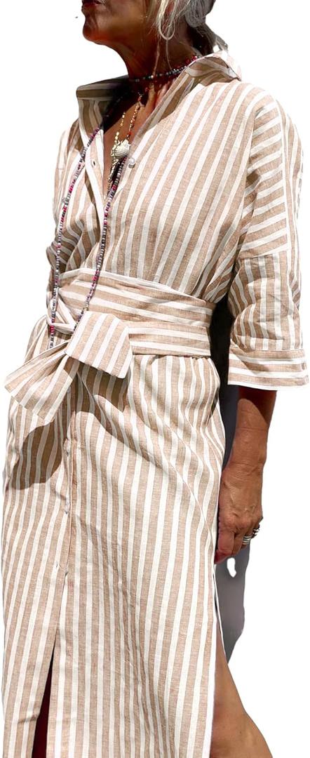 utcoco Womens 2025 Shirt Dress Casual Lapel 3/4 Sleeve Button Down Split Belted Vacation Maxi Dress (Light Brown Striped, XL) utcoco Womens 2025 Shirt Dress Casual Lapel 3/4 Sleeve Button Down Split Belted Vacation Maxi Dress (Light Brown Striped, XL)