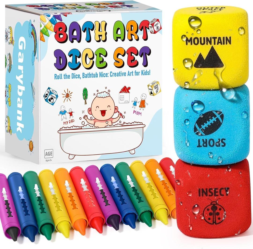 Garybank 12 Pack Bath Crayons for Toddlers 1-3, with 3 Drawing Prompt Dice, Non-toxic Formula Bathtub Crayons, Washable & Smoothly Paint Wet and Dry On Wall, Easy Grip Shell to Draw