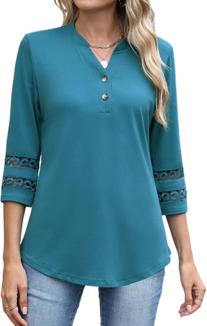 CiCiBird Womens 3/4 Sleeve Blouses Casual Button V Neck Shirt 2025 Trendy Tops (XL)