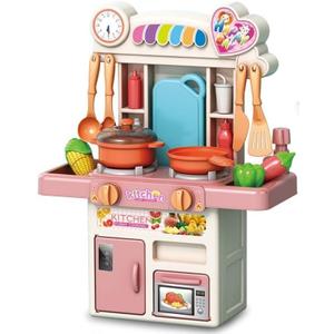 Cooking Kitchen Set Toy - 33PCS Mini Kitchen Playset for Kids with Water Spray, Light & Sound Effects - Toddler Pretend Play Appliances, Sink & Miniature Food, Educational Gift for Girls & Boys