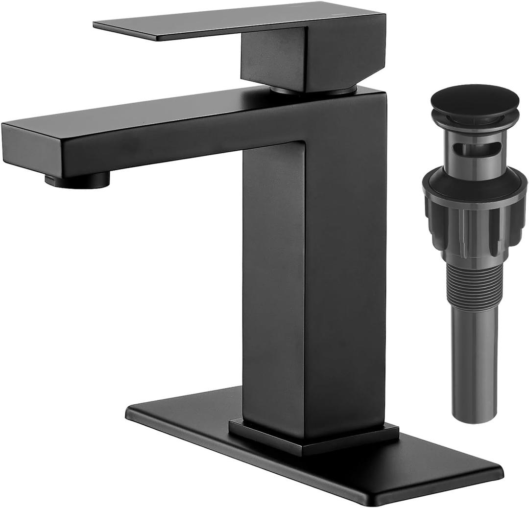 Bathroom Faucet Matte Black, Modern Single Handle Bathroom Faucets for 1 or 3 Hole Bathroom Sink Faucet Mixer Tap Washbasin Faucet with Deck, Pop-up Drain and Supply Hoses