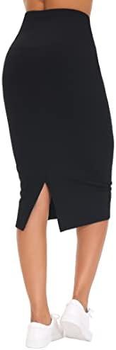 THE GYM PEOPLE Women's High Waist Tummy Control Pencil Skirts Stretchy Bodycon Midi Skirt Below Knee with Back Slit, L