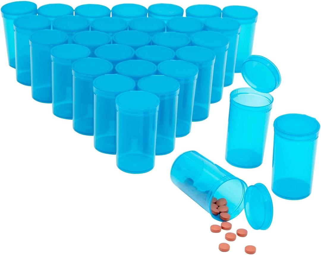 30 Pack Empty Pill Bottles with Pop Top Caps, 19 Dram Prescription Medicine Containers (Blue)