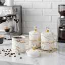 3 Pcs Ceramic Coffee Canister Set with Lids and Metal Stand, Marble Sugar Coffee Tea Containers, Kitchen Counter Storage Jars for Bar Accessories