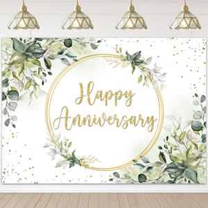 Sensfun 7x5ft Happy Anniversary Backdrop Sage Green Eucalyptus Wedding Anniversary Party Decorations Greenery Marriage Memorial Day Cheers to 10 Years 25th 40th 50th Wedding Day Banner