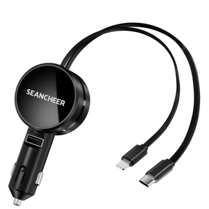 SEANCHEER Retractable Car Charger for iPhone and Android Fast Charging, Car Charger with Retractable Cords(2.6Ft), USBC Ports,Compatible with iphone15/ Pro Max 14/ Pro Max/13/12/11/iPad/Galaxy