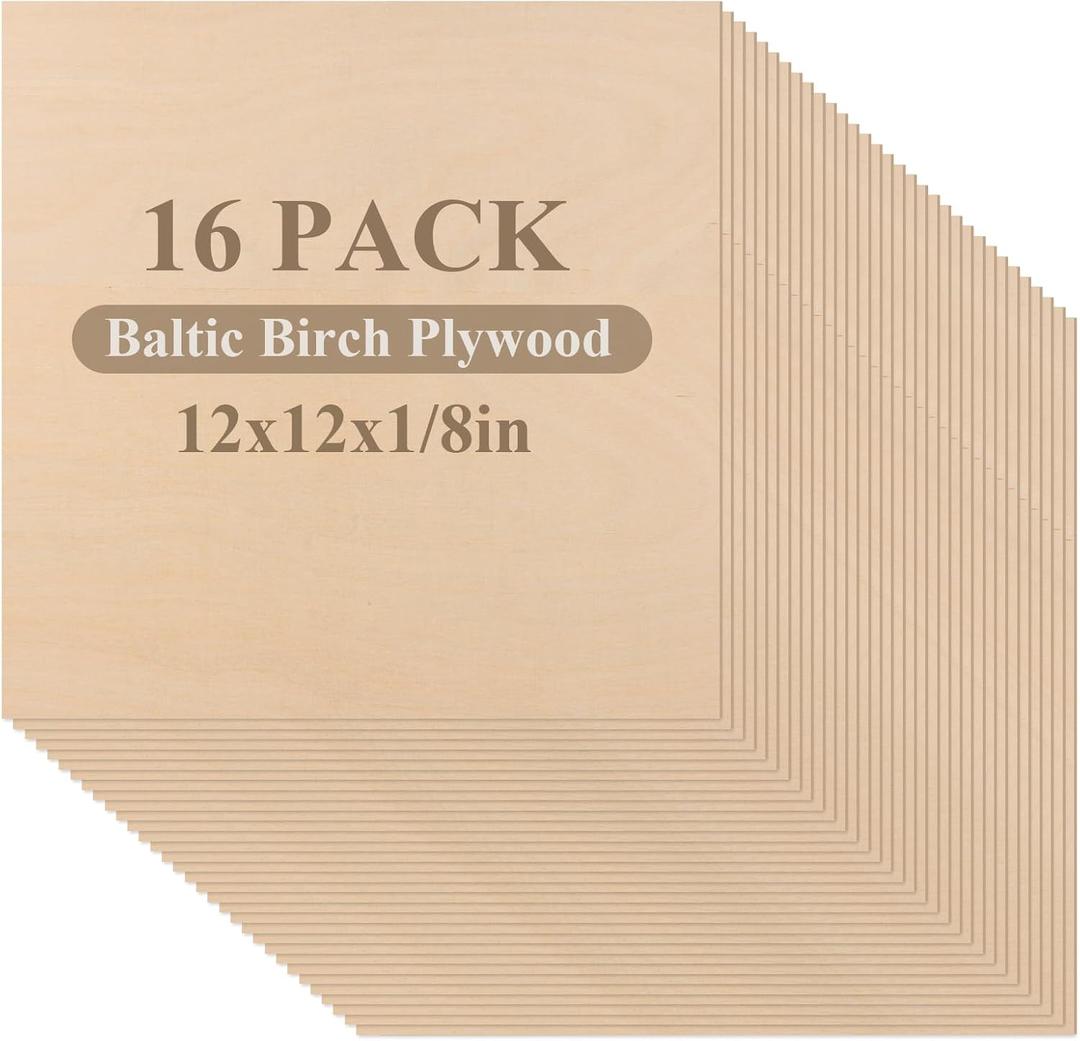 16 Pcs Baltic Birch Plywood 1/8" Plywood Sheets 12" x 12" Inch Thick Birch Unfinished Wood for Arts and Crafts, DIY Projects, Drawing, Painting, Laser, Wood Engraving