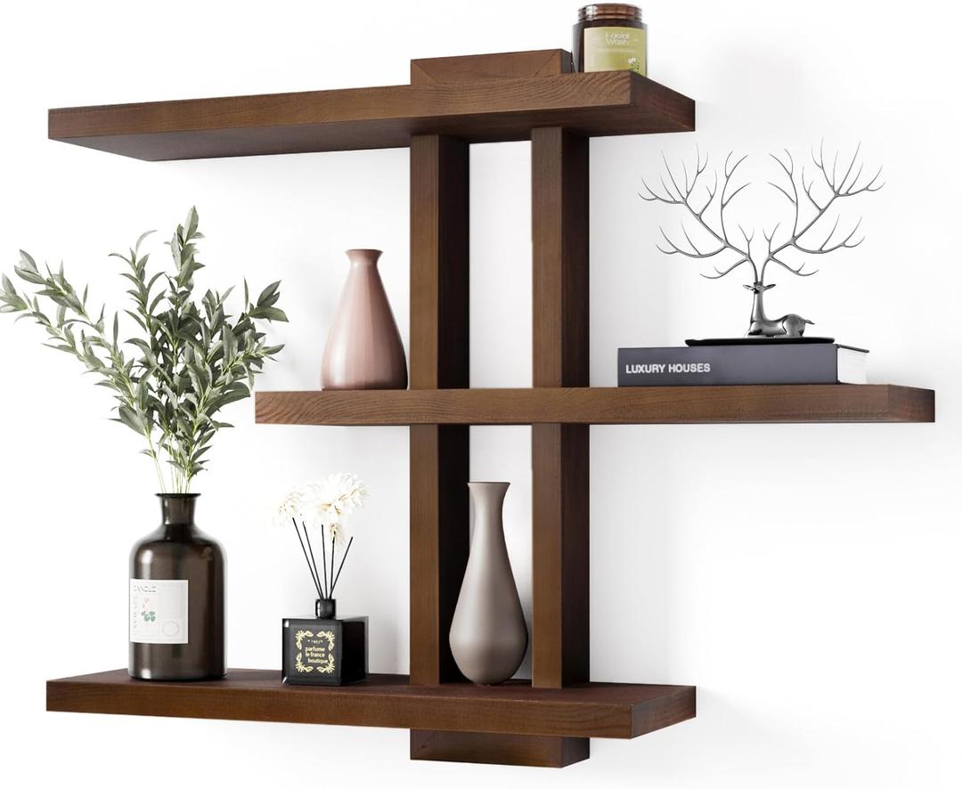 Variable Wood Floating Shelves Set of 3, Wall Cube Shelves 28.35" Max, Wall Shelves for Living Room Bathroom Bedroom - Light Walnut Color - 28.35" x 23" x 5.9" Max