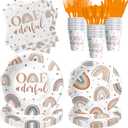 2 x Boho Rainbow 1st Birthday Decorations Tableware - Boho First Birthday Party Supplies, Paper Onederful Plate, Napkin, Cup, Disposable Cutlery | 24 Guests