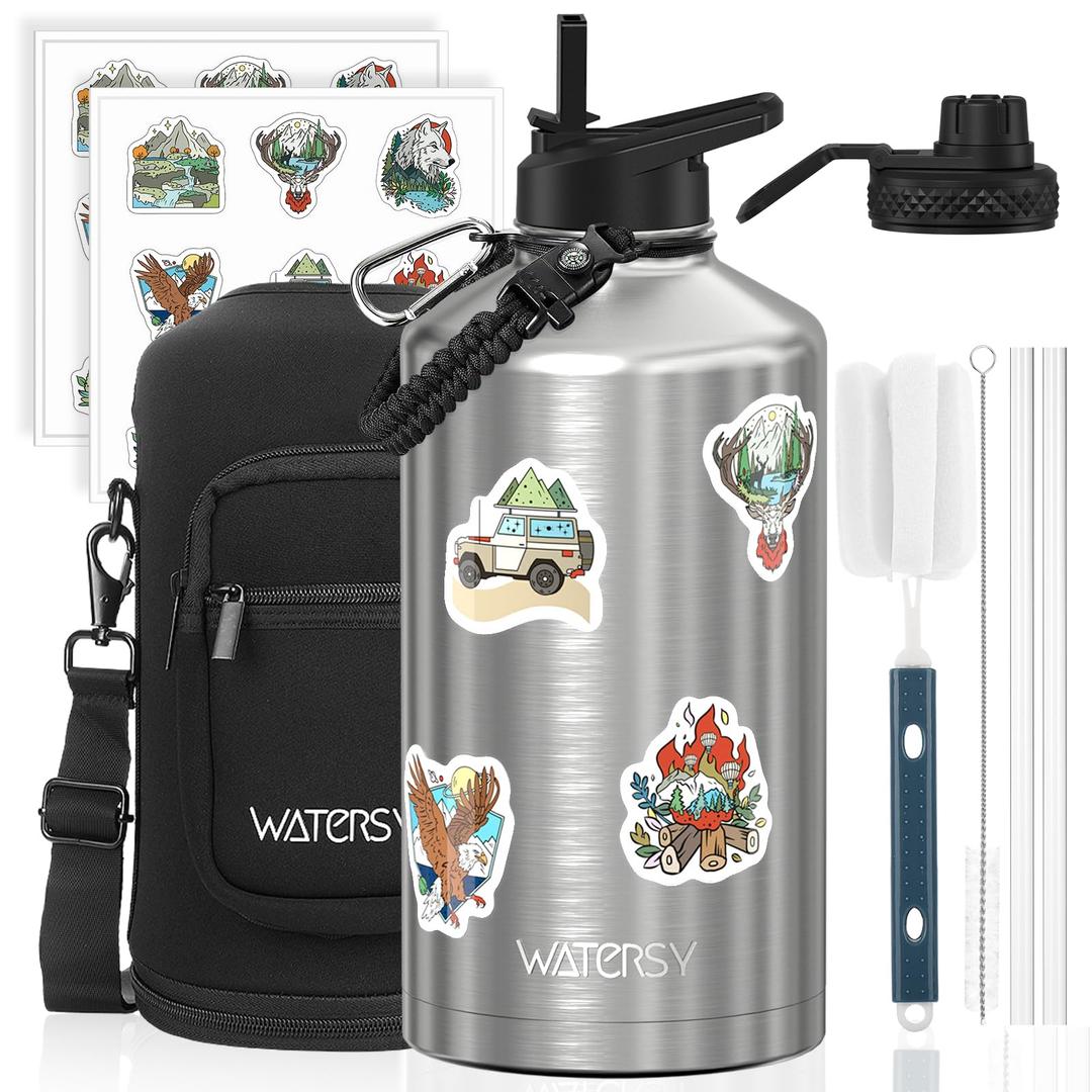 1 Gallon Water Bottle Insulated(Cold for 48 Hrs),BPA Free & Leak Proof,128oz Stainless Steel Water Jug, Large Water Bottle with Straw Spout Lids for Gym, Hiking, Camping & Travel, Stainless