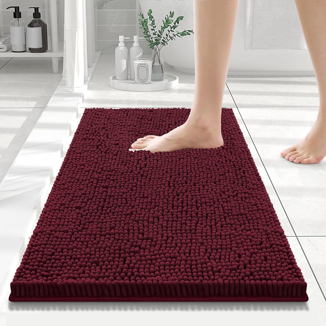 Smiry Luxury Chenille Bathroom Rugs 24x16, Extra Soft and Absorbent Shaggy Bath Mat, Machine Washable, Non-Slip Plush Carpet Runner for Tub, Shower, and Floor, Home Decor Accessories, Burgundy
