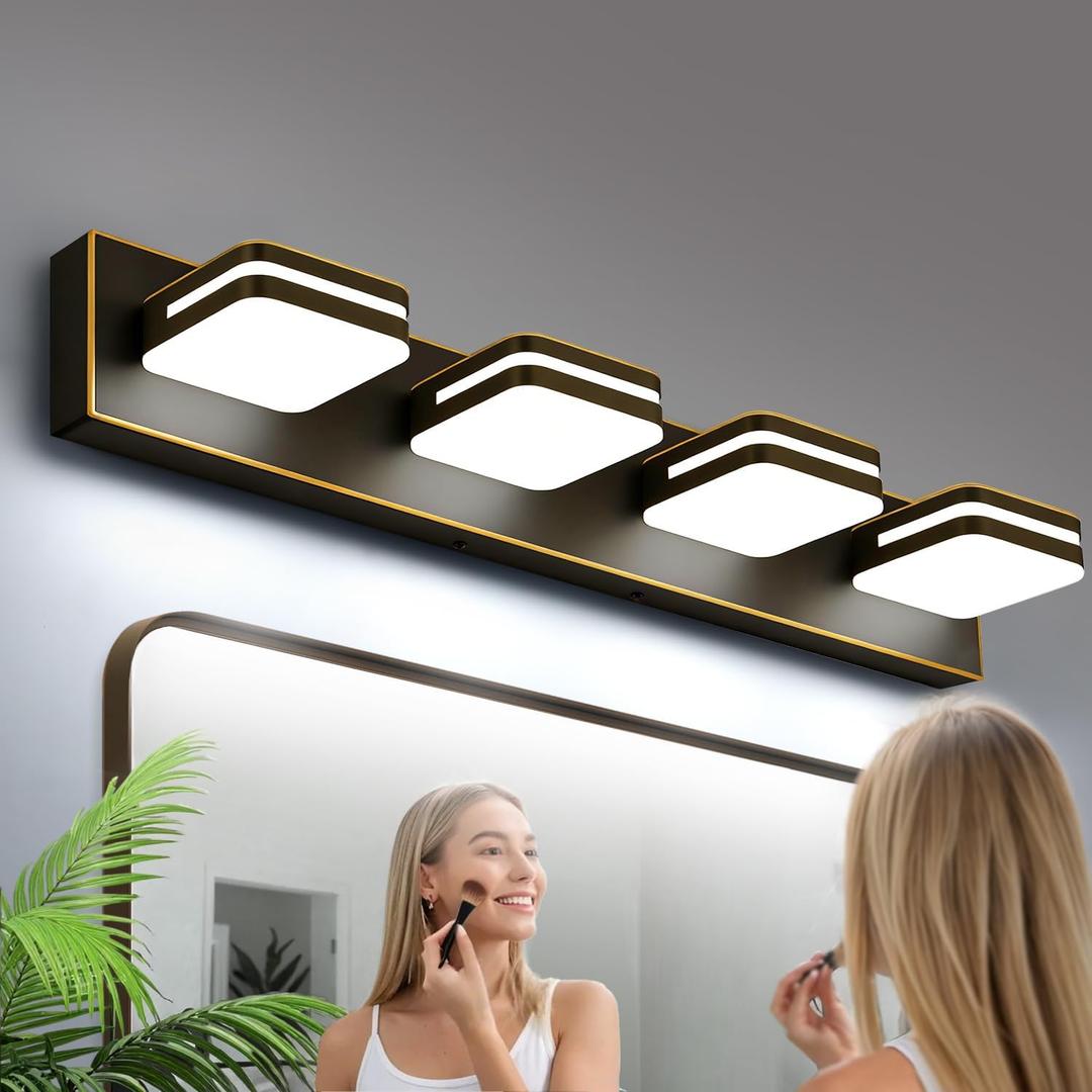 360 Rotate LED Bathroom Vanity Light Fixtures, 1600LM Acrylic Brown and Gold Vanity Lights for Bathroom, Modern Wall Lighting Fixtures Over Mirror Kitchen Living Room (Natural White Light 5000K), 4-Light, 27-Inch, 5000K