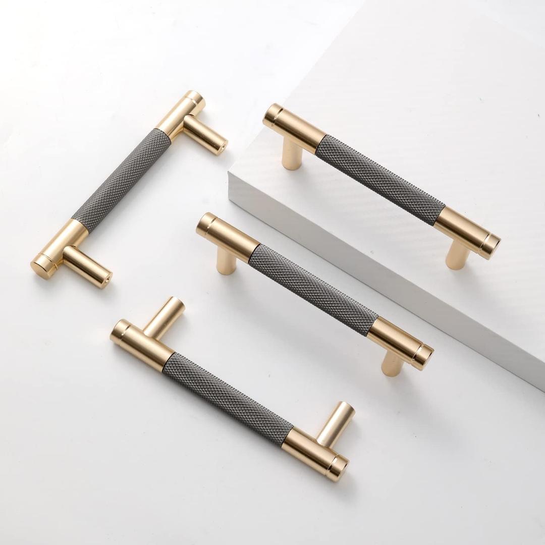 Ntresbonne 2 Pack 3 3/4 Inch 96 mm Barrel Cabinet Pulls Gold and Grey Cupboard Aluminum Handles Drawer Pull Cabinet Handles
