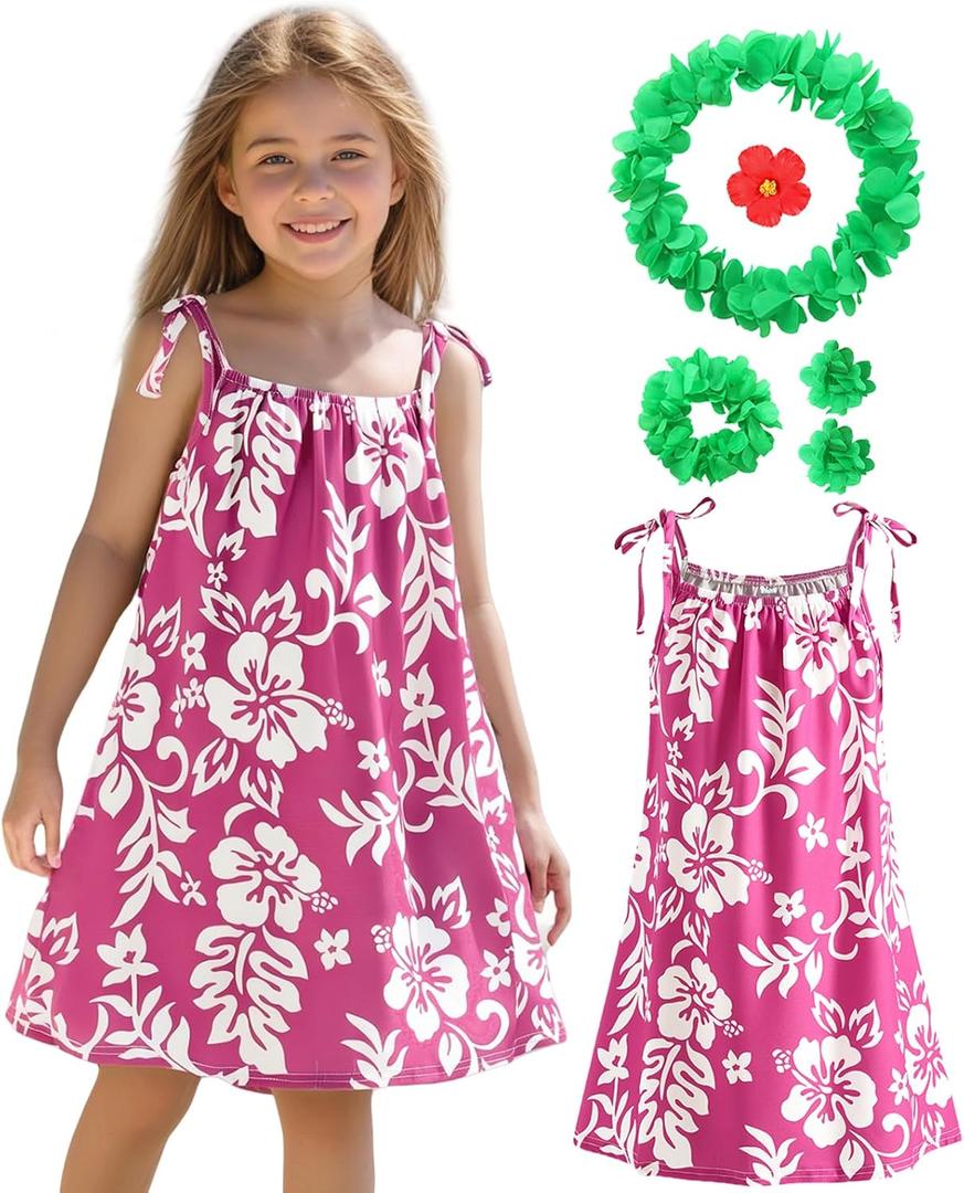 ZIW Girls Pinkish-Red Tropical Cosmos Flower Sundress Kids Hawaiian Costume with Luau Party Accessories Halloween Costumes (7-8 Years)