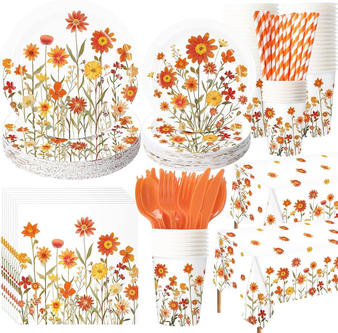 452 Pcs Party Supplies Serve 50 Guests, Paper Plates Napkins Cups Cutlery Plastic Tablecloth Dinnerware for Birthday Wedding Party Decoration(Orange Floral,Fall Floral)