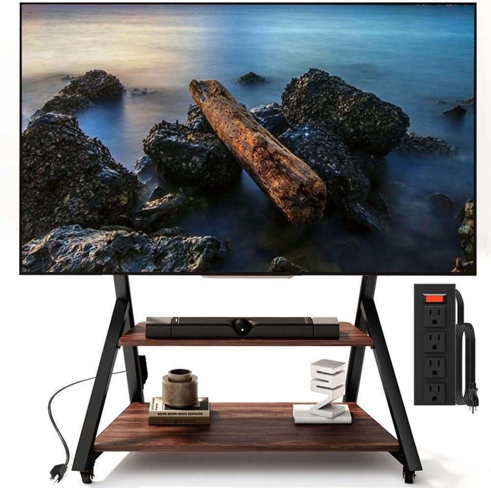 Heavy Duty Rolling TV Stand with Power Outlet for 55 to 100 inch TV Easy Installation, High Mobility, Holds up to 220LBS, 2-Tier Large Wood Shelf Storage Space, Vesa 800×600mm